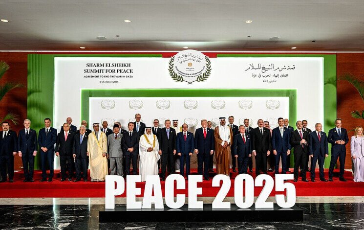President Donald Trump Poses For A Family Photo With World Leaders At The Tonino Lamborghini International Convention Center In Sharm El Sheikh (54855624700)